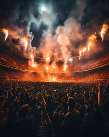 Crowd at a live concert in front of the stage with fireworksの素材