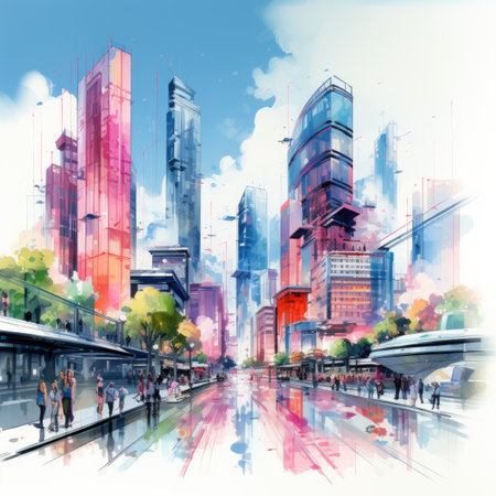 Illustration of urban landscape with skyscrapers and high-rise buildingsの素材