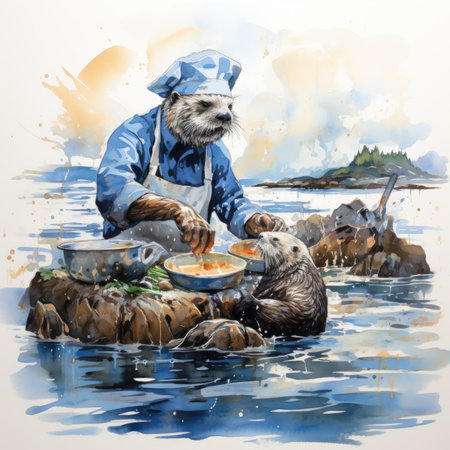 Watercolor painting of a sea otter in a chef's hatの素材