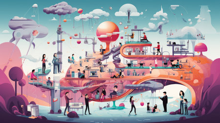 Vector cartoon illustration of people working in the big city. The concept of teamwork, partnership and cooperation.の素材