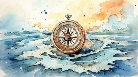 Compass on the sea background. Watercolor painting. Hand drawn illustrationの素材