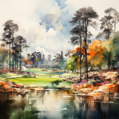 Digital painting of a golf course with lake and trees in the backgroundの素材