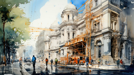 Digital painting of a building under construction in London, United Kingdom.の素材