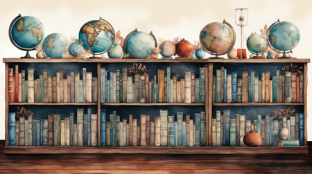 Illustration of a bookshelf with books and globes.の素材