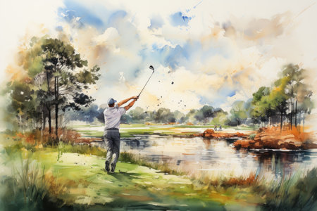 Golfer playing golf on a golf course. Watercolor paintingの素材
