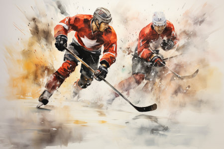 Ice hockey players in action on the ice. Watercolor illustration.の素材