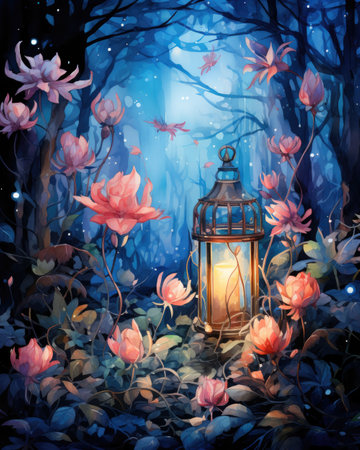 Watercolor illustration of a night forest with a lantern and flowers.の素材