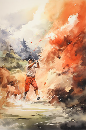 Watercolor painting of young boy playing badminton in the park.の素材