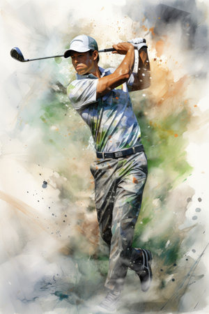 Digital painting of a male golfer in action on the golf courseの素材