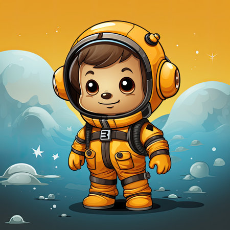 Cute astronaut boy in space illustration. Cartoon character. Vector illustration.の素材
