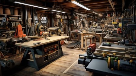 3d rendering of a woodworking workshop with lots of tools.の素材