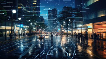 Business people walking on the street at night. Concept of business and technologyの素材