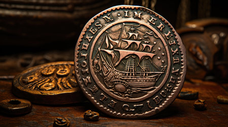 Ancient coin with the image of a pirate ship on a wooden backgroundの素材