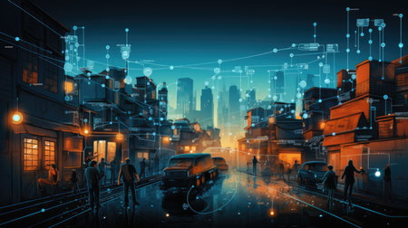 Smart city and network communication concept. 3d rendering toned image double exposureの素材