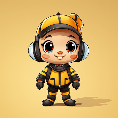 Cute boy dressed as firefighter on yellow background. Vector illustration.の素材