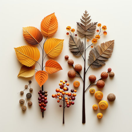 Autumn leaves and berries on a white background. Flat lay.の素材