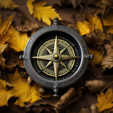 Compass and autumn leaves on wooden background. Top view with copy space.の素材