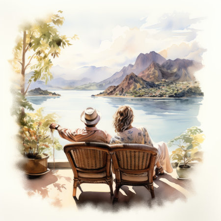 Digital painting of a couple sitting on a terrace by the lakeの素材