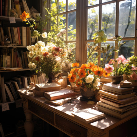 Vintage books and flowers on a wooden table in front of a windowの素材