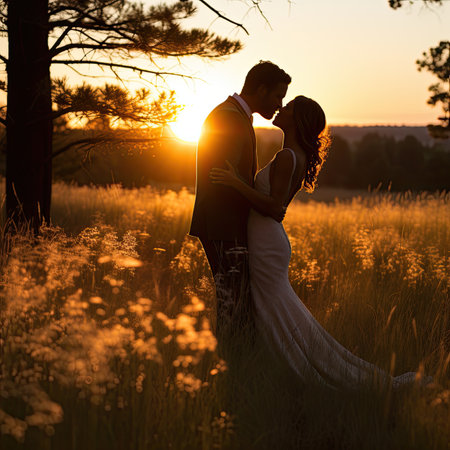 Wedding couple kissing in the field at sunset. Bride and groomの素材