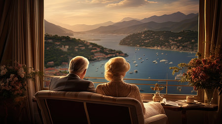 Elderly couple looking at the sea from the balcony at sunsetの素材
