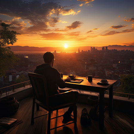 Man sitting at the table and looking at the sunset over the cityの素材