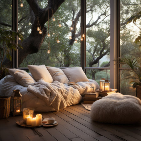 Cozy bedroom with a large window overlooking the rainforest at sunsetの素材