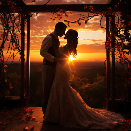 Silhouette of bride and groom on the background of the sunsetの素材