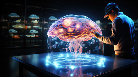 Man in office using digital brain hologram. 3D Renderingの素材