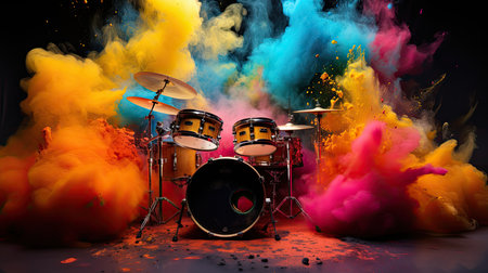 Drums set in colorful smoke on black background. 3d renderingの素材