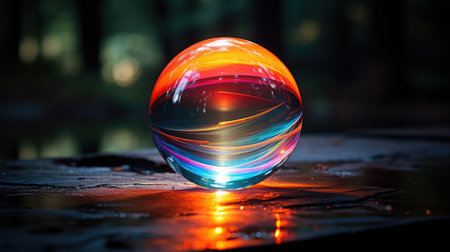 Colorful glass ball with reflection on wooden surface. Selective focusの素材