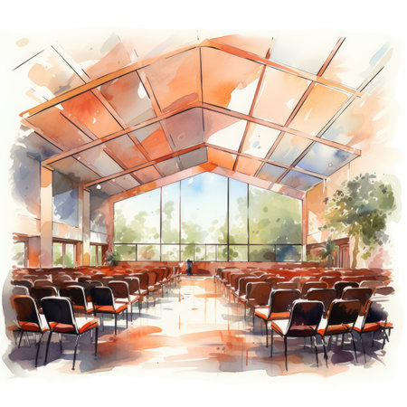 Illustration of a conference hall with chairs and a large glass ceiling.の素材