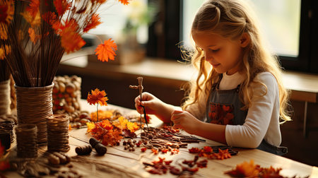 Cute little girl making decorations for halloween. Cute child playing with autumn leaves.の素材