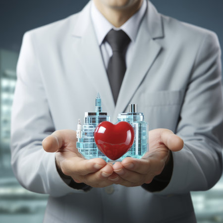 Close up of businessman holding in hands house model with red heart symbolの素材