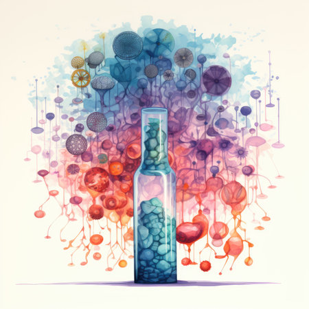 Illustration of a bottle with magic potion on a colorful background.の素材