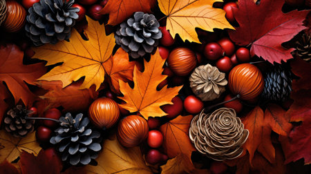 Colorful autumn leaves, berries and cones background. Top view.の素材