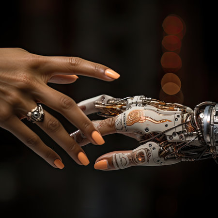3d rendering robot hand on black background with bokeh lightsの素材