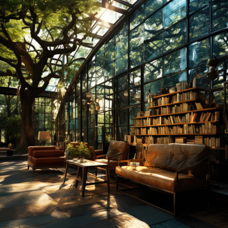 Interior of a modern living room with a large glass wall and a bookcaseの素材