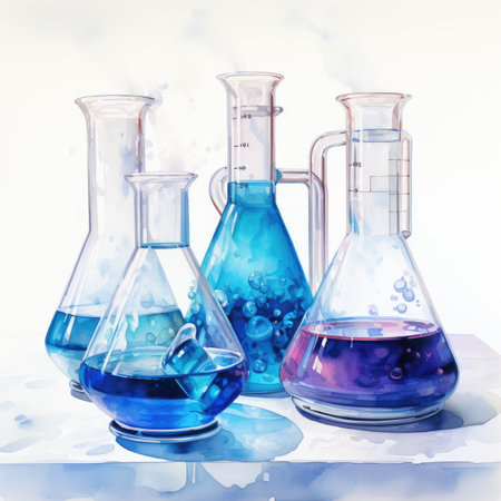 Laboratory glassware with blue and purple liquids. Vector illustration.の素材