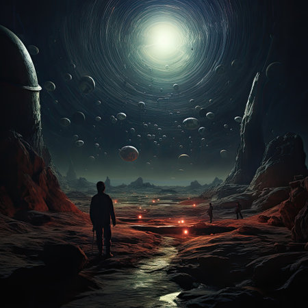 Astronaut standing on the edge of an alien planet. 3D renderingの素材