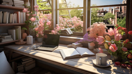 Working place with laptop, books and flowers on windowsill at homeの素材