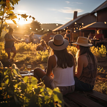 Two young women sitting on a wooden bench in a vineyard at sunsetの素材