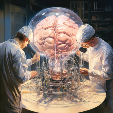Brain research concept. Double exposure of two scientists working with a model of human brain.の素材