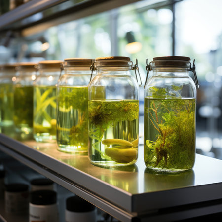 Glass jars with fresh herbs and lemon on shelf in cafe, closeupの素材
