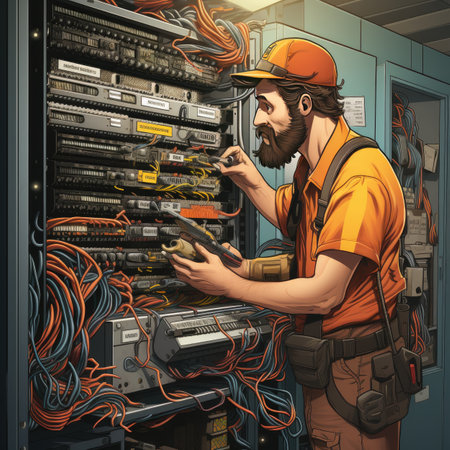 electrician in hardhat repairing switchboard. 3d illustration.の素材