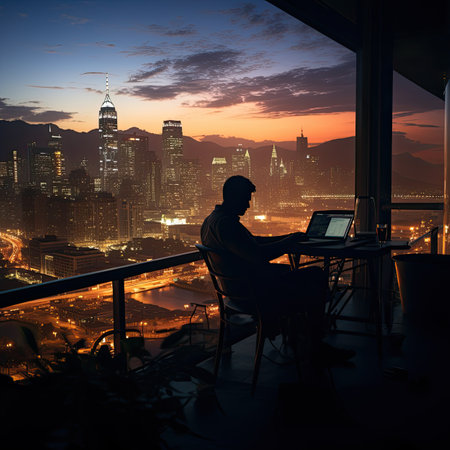 Businessman working on laptop computer on balcony at night with cityscape backgroundの素材
