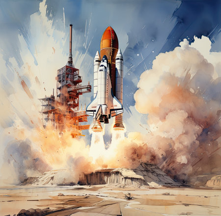 Space rocket in the sky with smoke. Digital watercolor painting.の素材