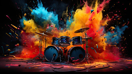 Drum set with colorful splashes and smoke on a black backgroundの素材