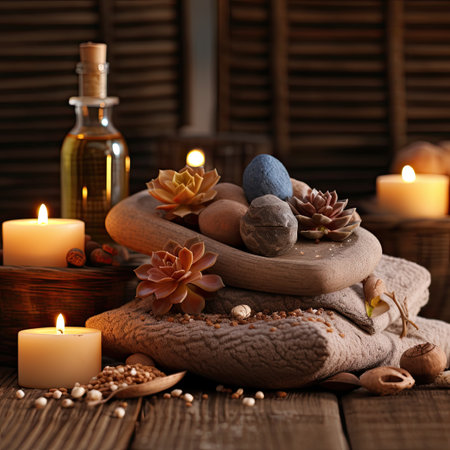 Spa still life with candles, stones and flowers on wooden backgroundの素材