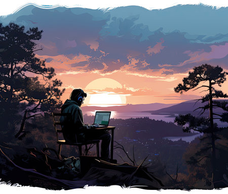 Man working on the computer in the forest. Sunset. Vector illustration.の素材